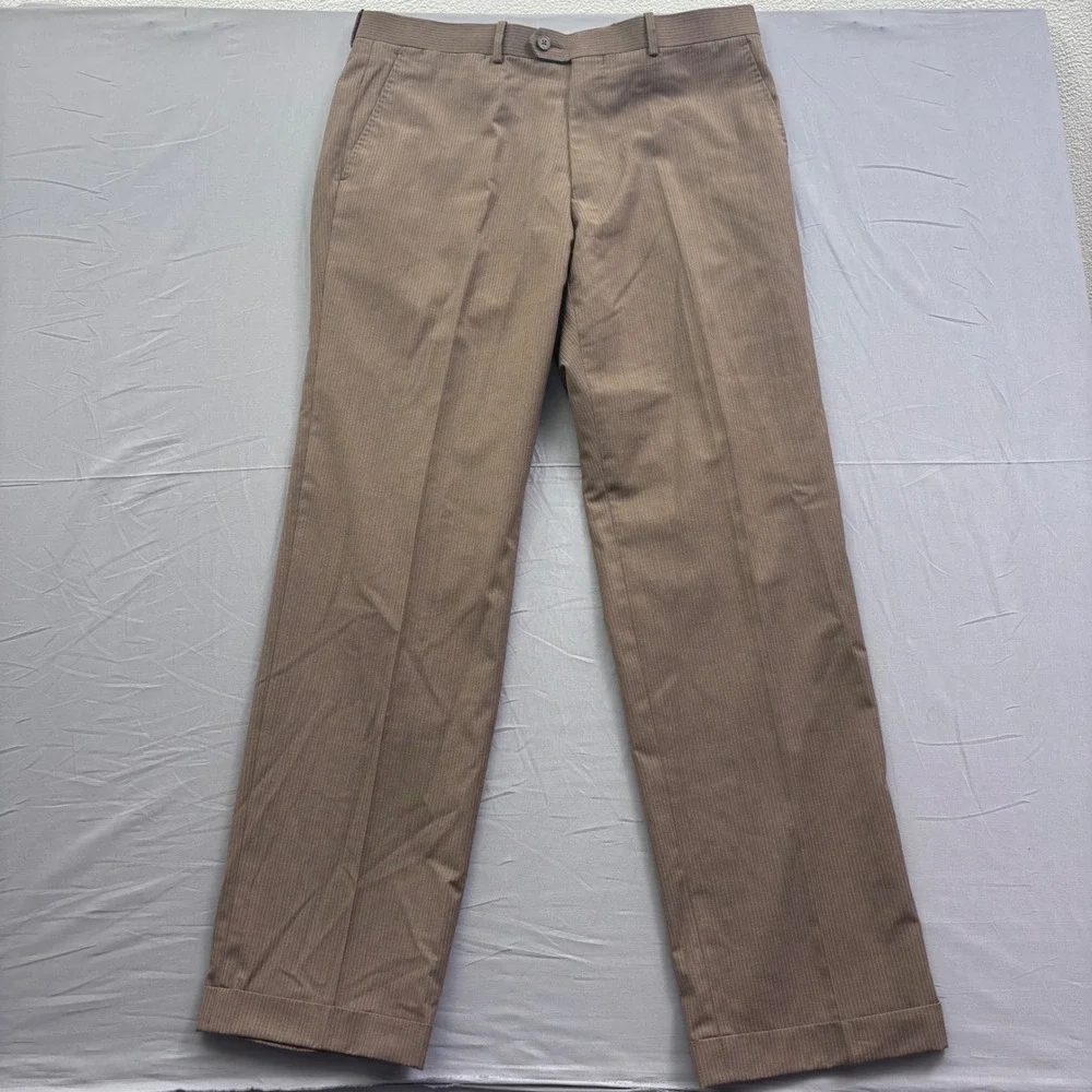 Gino Valentino Mens Brown Pinstripe Dress Pants Cuffed Flat Front Trousers 36R